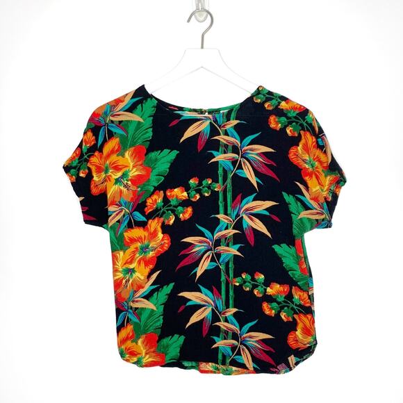 VINTAGE 80s {Sharon Anthony} Tropical Print Gauze Short Sleeve Blouse Top Medium - Picture 1 of 9